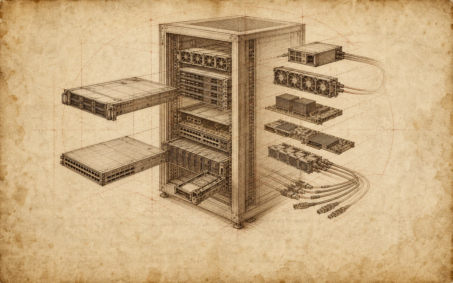 Estudo renascentista de um rack de servidor contemporâneo com módulos, switch, armazenamento e cabos em vista explodida